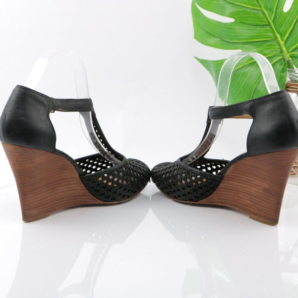 Frye Womens Gwen Sandal Size 9.5 Black Leather Woven T-Strap Wedge Heel Peep Toe - Picture 8 of 12